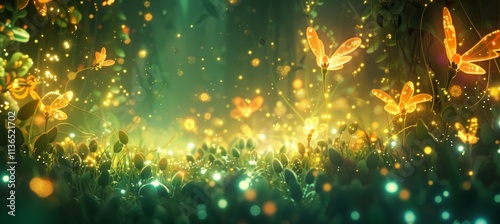 Enchanted Green Forest Bloomed with Golden Star-shaped Flowers in a Magical Spring. photo