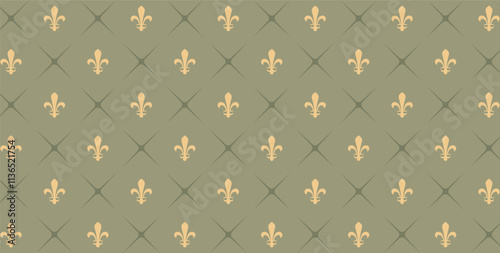 Intricate vector pattern with a classic design. Perfect for backgrounds and wallpaper. Motif of gold fleur-de-lis on a soft green background.