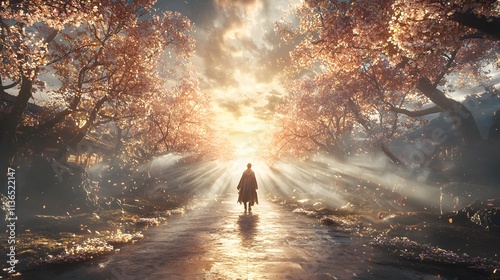 A person walking toward a glowing horizon, their path lined with blooming trees