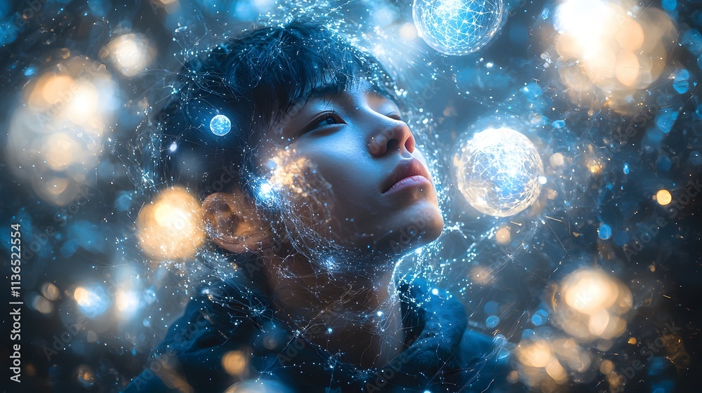 A person surrounded by glowing orbs of energy, their expression calm and renewed A person surrounded by glowing orbs of energy, their expression calm and renewed