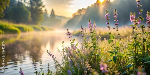 Serene sunrise over calm water, wildflowers bathed in golden light photo