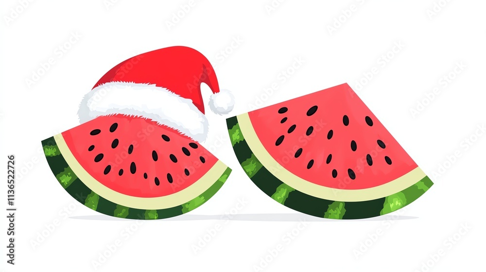 Two slices of watermelon wearing a festive Santa hat, showcasing a fun and playful design perfect for holiday-themed food illustrations. Two slices of watermelon wearing a festive Santa hat, showcasing a fun and playful design perfect for holiday-themed food illustrations.