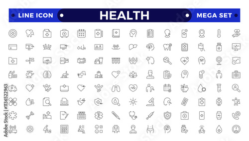 Health Care outline icon set. Medicine and Health Care linear icon collection. Containing emergency, doctor, treatment, medical, report, diagnosis, health, prevention. virtual, computing, online.