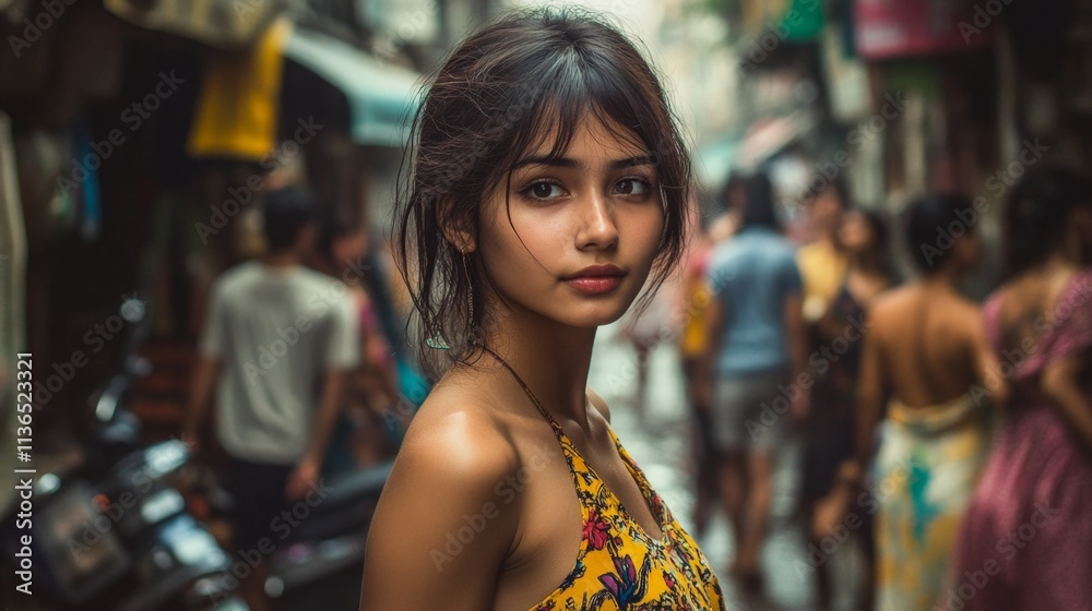 Beautiful young woman posing on a crowded street Beautiful young woman posing on a crowded street