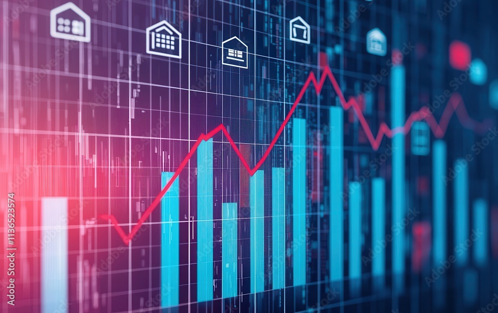 A vibrant digital graph showcasing property market trends, featuring fluctuating bars and icons representing real estate. A vibrant digital graph showcasing property market trends, featuring fluctuating bars and icons representing real estate.