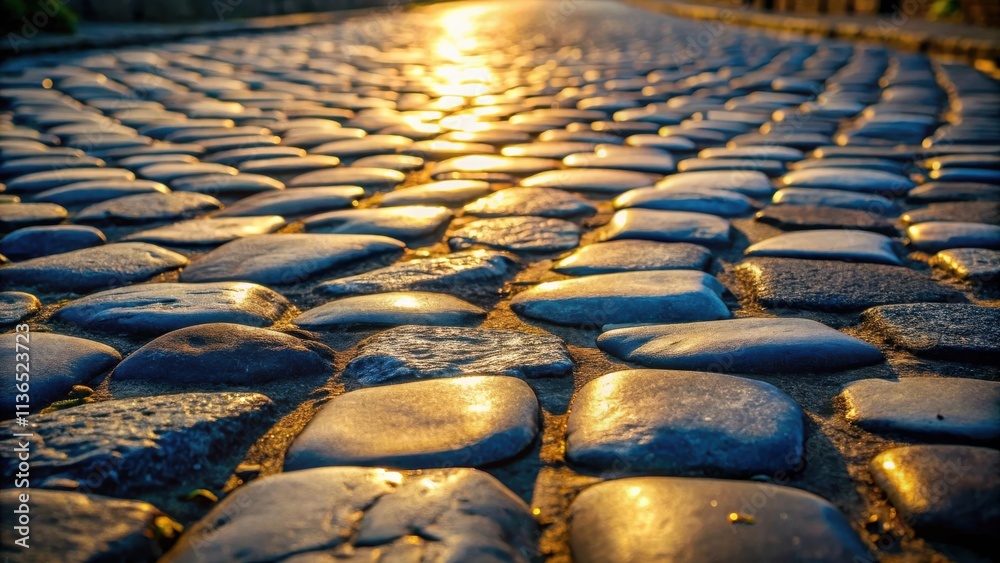 Obraz premium Golden Hour on a Cobblestone Path, Illuminated Stones, Texture and Warm Light