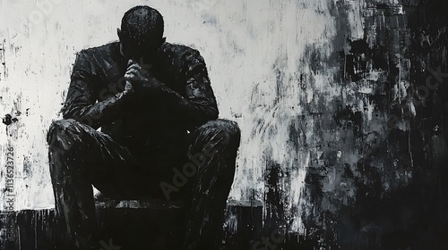 A figure sitting on the edge of a bed, their hands gripping their knees, pain etched on their face