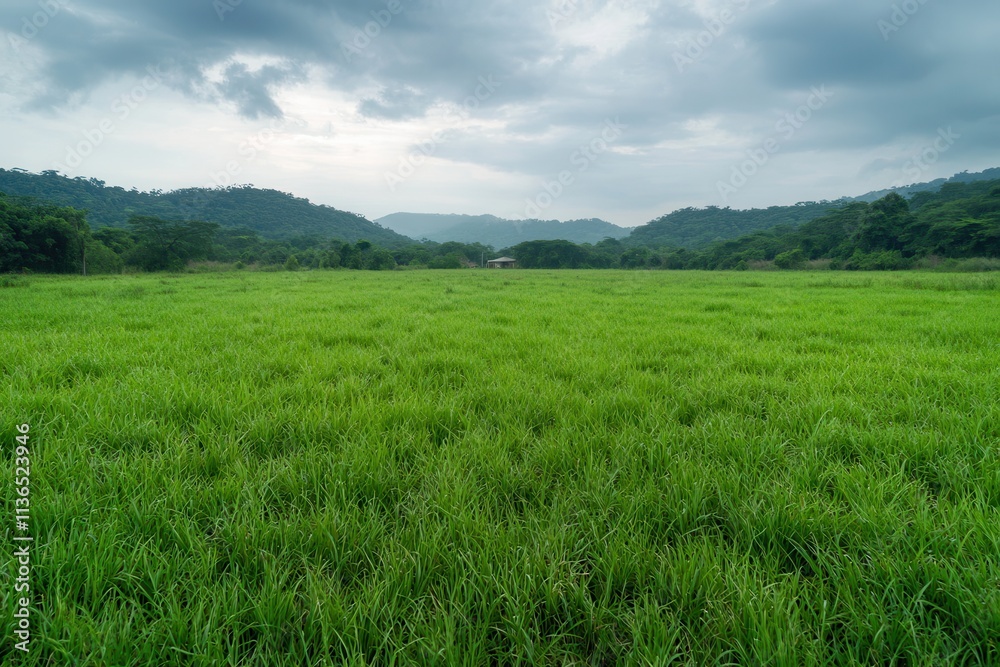 Lush green field under a cloudy sky, framed by distant hills, creating a serene and picturesque landscape. Lush green field under a cloudy sky, framed by distant hills, creating a serene and picturesque landscape.