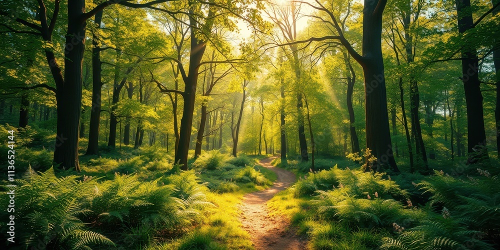 Fototapeta premium Sunlit Forest Path A Tranquil Woodland Scene with Lush Greenery and Sunbeams