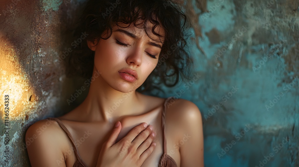 A person leaning against a wall, holding their chest, their expression filled with discomfort A person leaning against a wall, holding their chest, their expression filled with discomfort