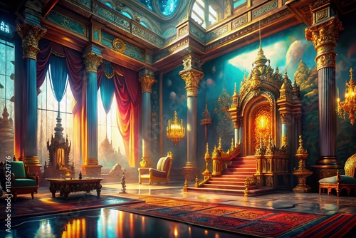 Grand Throne Room Long Exposure Photography: Majestic Palace Interior, Dramatic Lighting, Ancient Architecture, Epic Fantasy, Mystical Realm photo