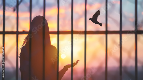 Sunset Silhouette: A woman watches a bird fly free at sunset, her outstretched hand suggesting longing or hope. The scene is framed by a metal fence, adding a layer of symbolism. 