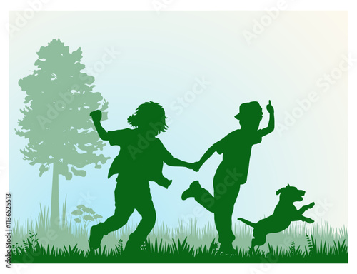 Children and pets silhouettes. Little boys playing with pet outdoor. Vector illustration.	
