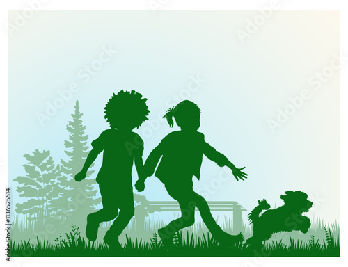 Children and pets silhouettes. Little boy and girl playing with pet outdoor. Vector illustration.	
