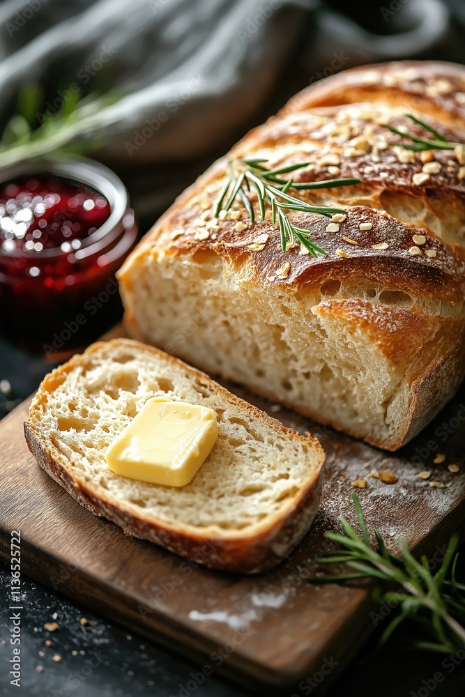 Freshly baked bread with butter and jam on a rustic wooden board in a cozy kitchen setting Freshly baked bread with butter and jam on a rustic wooden board in a cozy kitchen setting