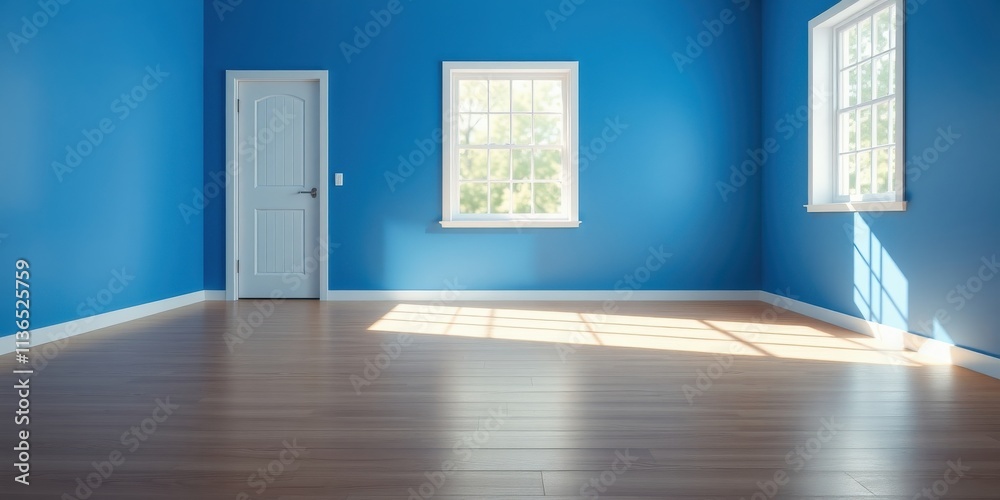 Fototapeta premium Empty room with blue walls, hardwood floor, and sunlight streaming through windows
