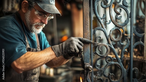 blacksmith craftsman working on ornate metal gate