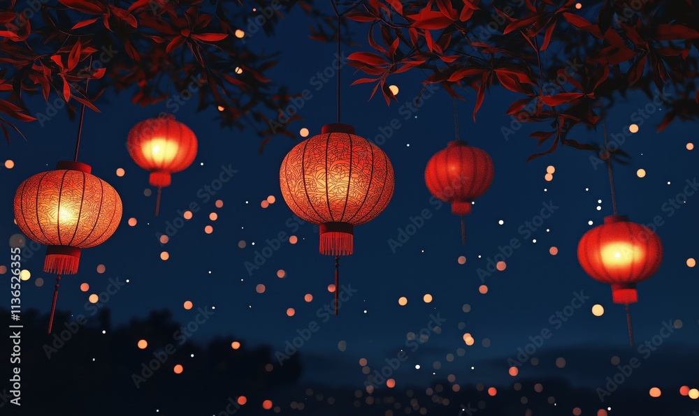 Fototapeta premium Glowing Red Lanterns Hanging from a Tree at Night