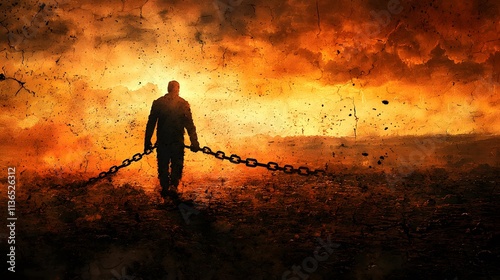 A figure dragging a heavy chain through a barren wasteland, representing the burdens of life