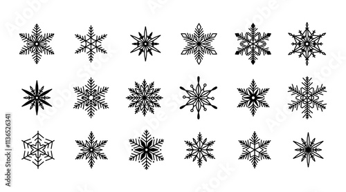 Unique snowflakes set, detailed hand drawn flat vector line illustration. Graphic outline drawing. Christmas and New Year symbol. Beautiful snowflake silhouette icon for frosty winter designs.