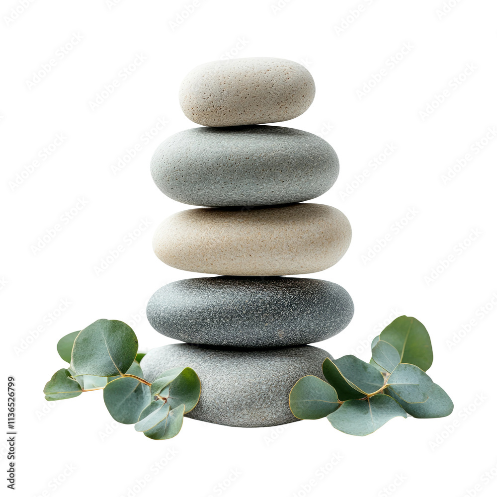 Stacked Stones with Eucalyptus Leaves on Transparent Background Stacked Stones with Eucalyptus Leaves on Transparent Background