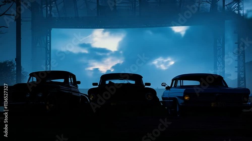 Camera pans across a line of vintage cars in an abandoned drive-in theater with shadowy figures inside