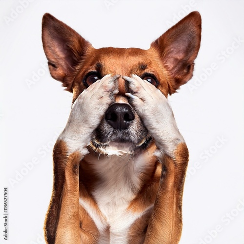 Adorable isolated dog with paws covering it's eyes with copy space photo