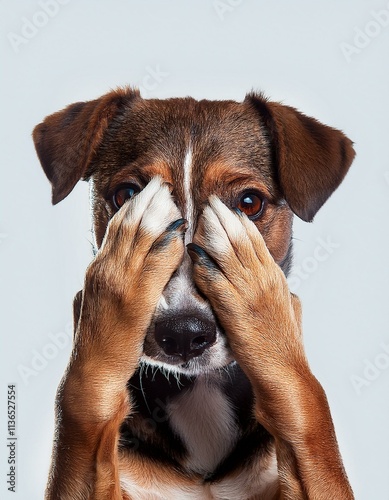 Adorable isolated dog with paws covering it's eyes with copy space photo