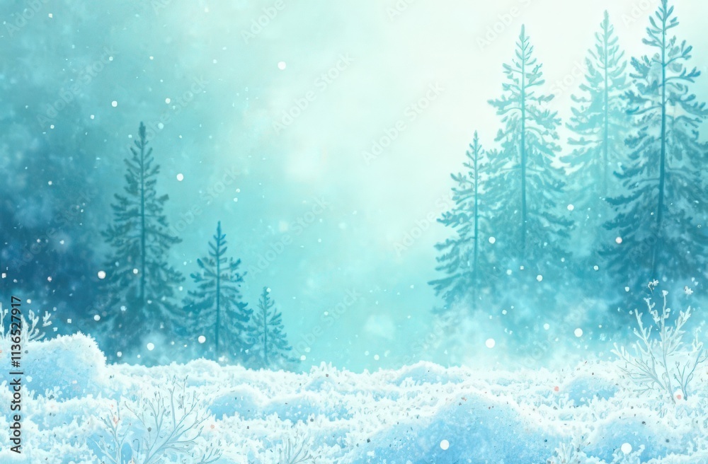 Obraz premium A serene Winter background emerges through soft teal and white watercolor, showcasing gentle swirling textures and a misty atmosphere