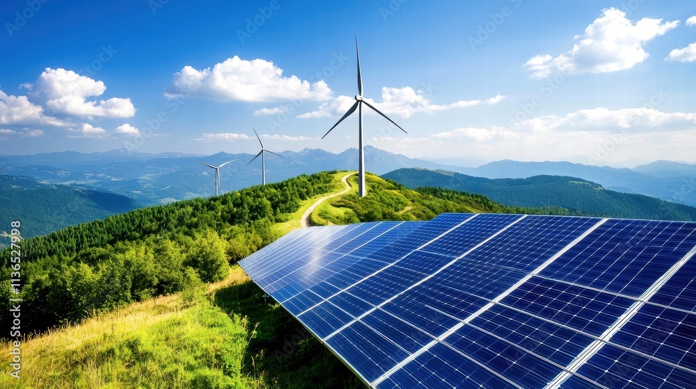 Renewable energy sources with solar panels and wind turbines in a scenic landscape.