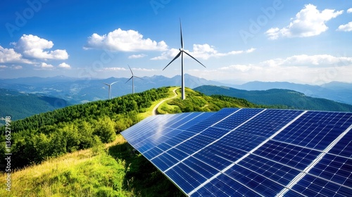 Obraz na płótnie Renewable energy sources with solar panels and wind turbines in a scenic landscape. w salonie