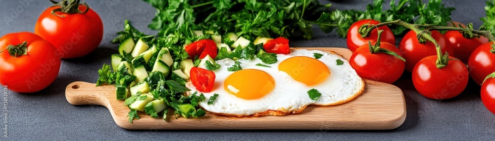 Delicious breakfast with sunny side up eggs, fresh tomatoes, and herbs on a wooden board. Delicious breakfast with sunny side up eggs, fresh tomatoes, and herbs on a wooden board.
