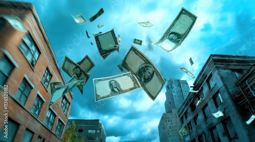 Falling money in urban setting, illustrating financial abundance and opportunity. photo