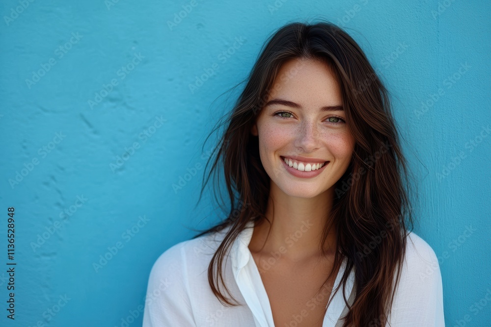 Smiling brightly, a Caucasian woman in a white shirt poses confidently against a turquoise backdrop, highlighting her charm and beauty. Smiling brightly, a Caucasian woman in a white shirt poses confidently against a turquoise backdrop, highlighting her charm and beauty.