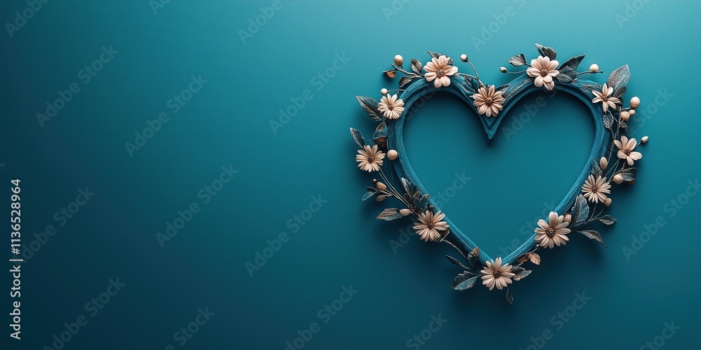 Fototapeta premium Decorative heart-shaped frame adorned with flowers against a teal backdrop