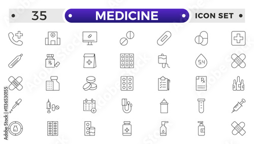 Medicine and Pharmaceutical icon set with prescription pad, medicine bottle, pill dispenser, lab test, blood donation, medical conference, research study, medical ethics icon.