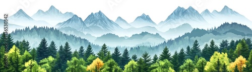 Serene mountain landscape with lush forests and misty peaks, ideal for nature lovers and outdoor enthusiasts.