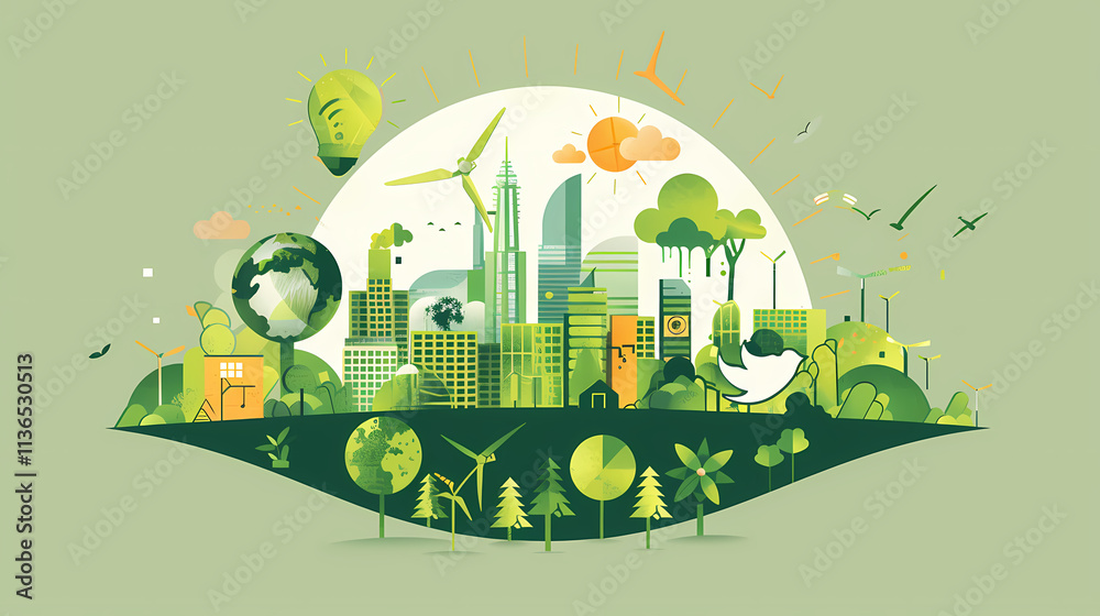 Naklejka premium Eco-City Skyline: A vibrant illustration of a sustainable metropolis nestled within lush greenery, showcasing eco-friendly technologies and a harmonious blend of nature and urban development. 