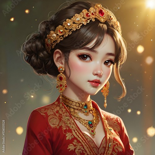 A cute chibi-style depiction of a young lady, beautifully accessorized with fine jewelry and attire. She sports a stunning gold headpiece with delicate patterns, coordinating earrings, and a shimmerin photo