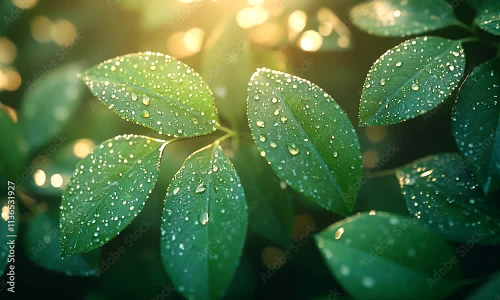 Close-up of green leaves with water droplets, illuminated by soft sunlight. Close-up of green leaves with water droplets, illuminated by soft sunlight.