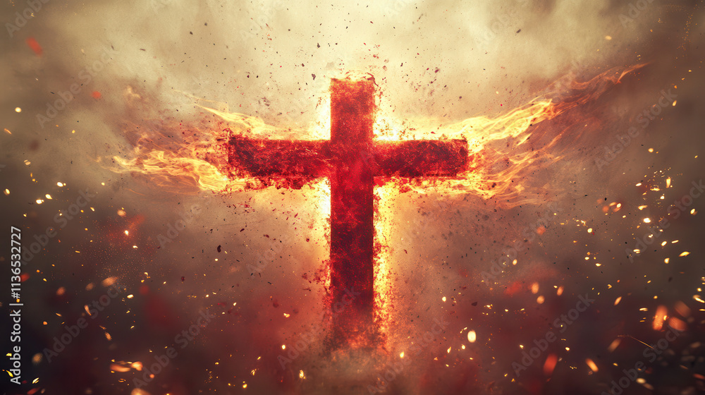 A vibrant crimson cross, exuding a warm, fiery glow A vibrant crimson cross, exuding a warm, fiery glow