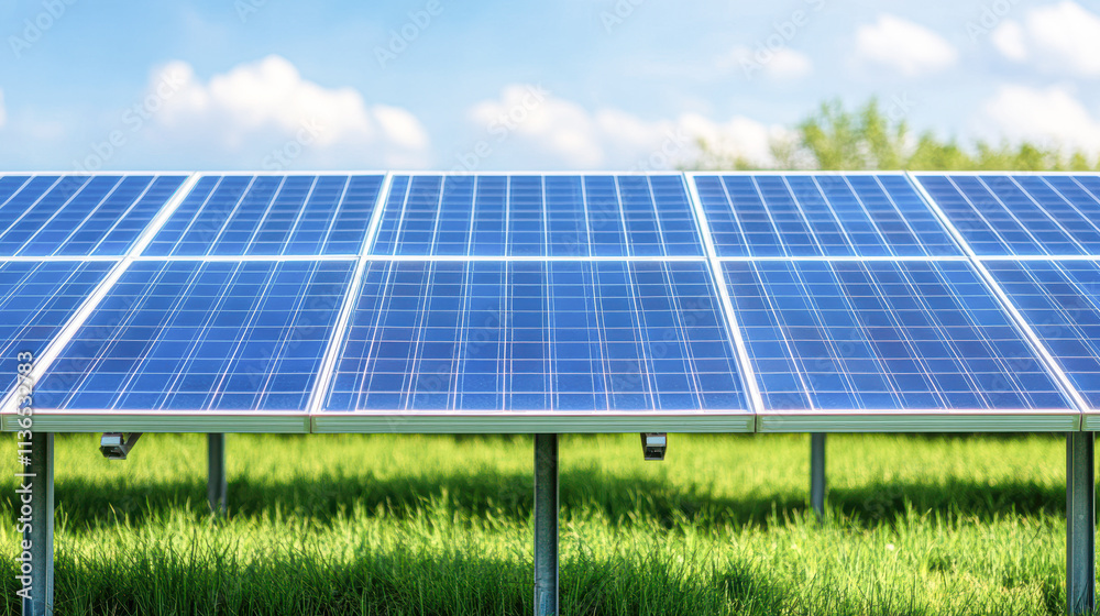 A row of solar panels are installed in a field A row of solar panels are installed in a field