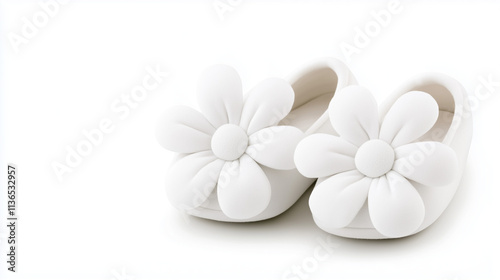 Cute baby feet rest comfortably in soft white slippers adorned with flower designs