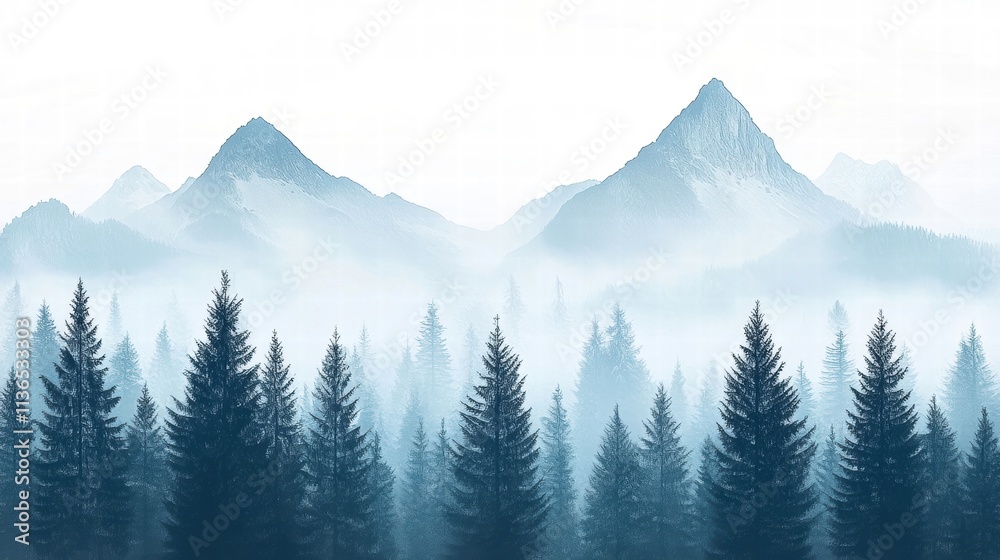 Fototapeta premium Misty mountains surrounded by evergreen trees, creating a serene and tranquil atmosphere in nature.