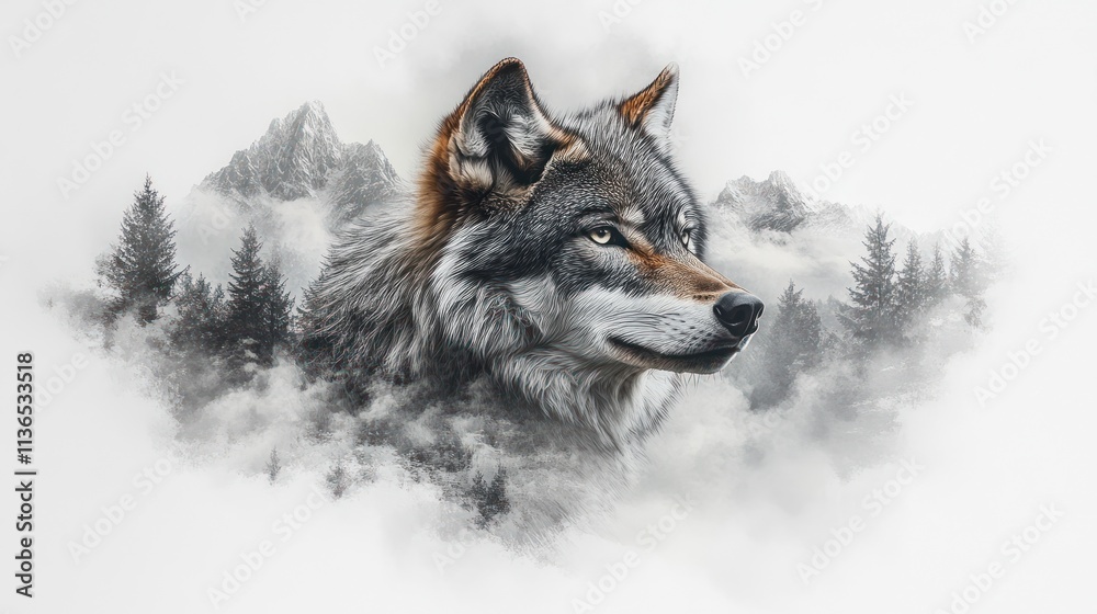 Fototapeta premium Artistic depiction wolf amidst misty landscape