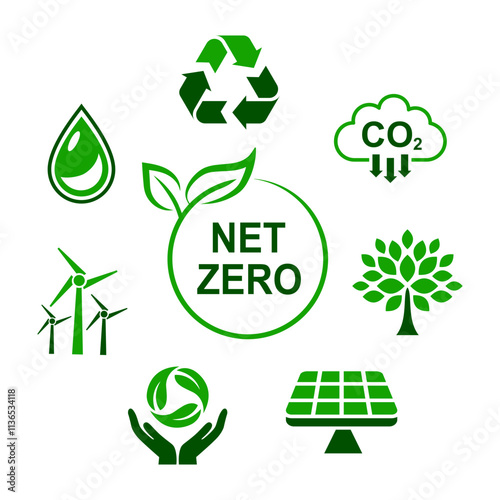 Net zero concept, CO2 net-zero emission, carbon neutral strategy with green net zero icons – vector