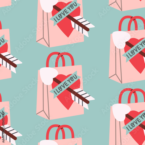 Flat style seamless pattern of Valentine's Day gift bags with heart and arrow design, featuring I love you text. Ideal for holiday packaging, wrapping paper, and festive decorations.