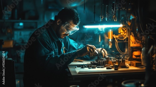 skilled worker assembling precision parts in industrial workshop