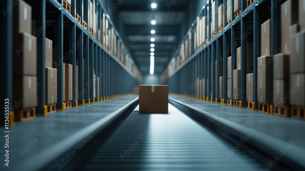 Fototapeta premium Warehouse operations conveyor belt action amidst boxes indoor