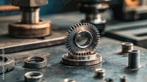 Cnc machine components closeup photography industrial workshop detail photo